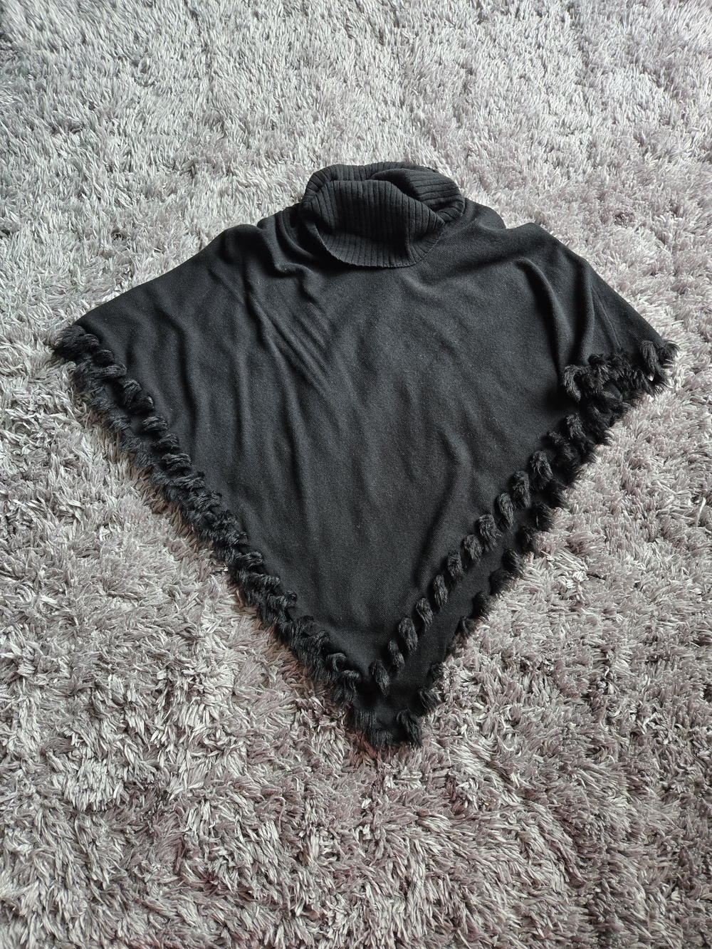 Alfani Black Poncho W/ Turtleneck Faux Fur Trim/Fringe